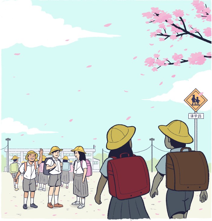 Illustration of Japanese schoolchildren wearing yellow hats walking past blooming cherry blossom trees near a school building.