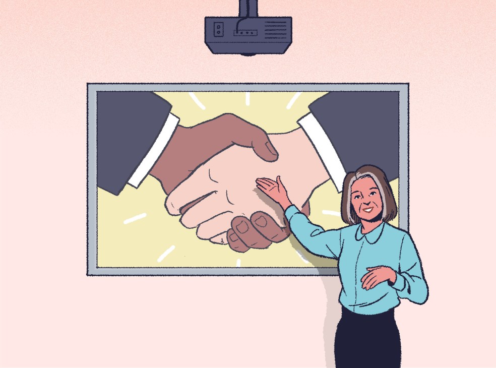 Illustration of a woman pointing to hands being shaken on a projector screen