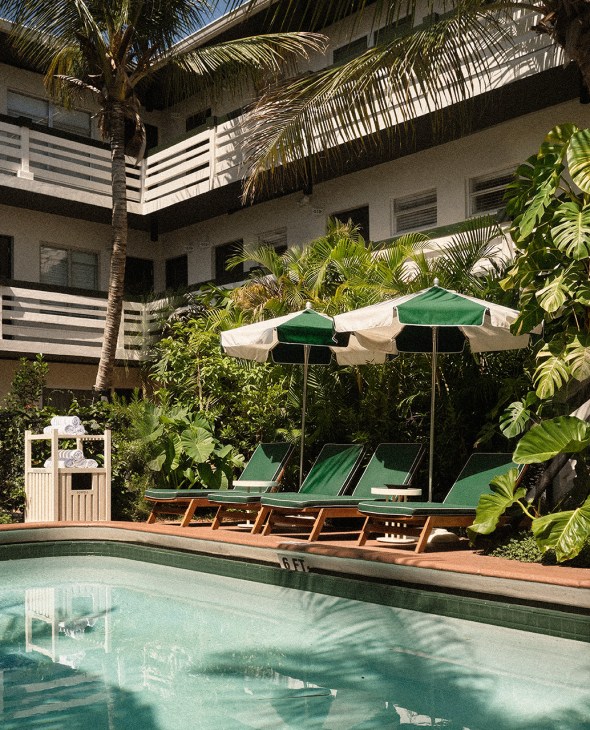 Perroquet hotel's poolside area with green and white umbrellas, lounge chairs, and lush tropical landscaping in Fort Lauderdale.