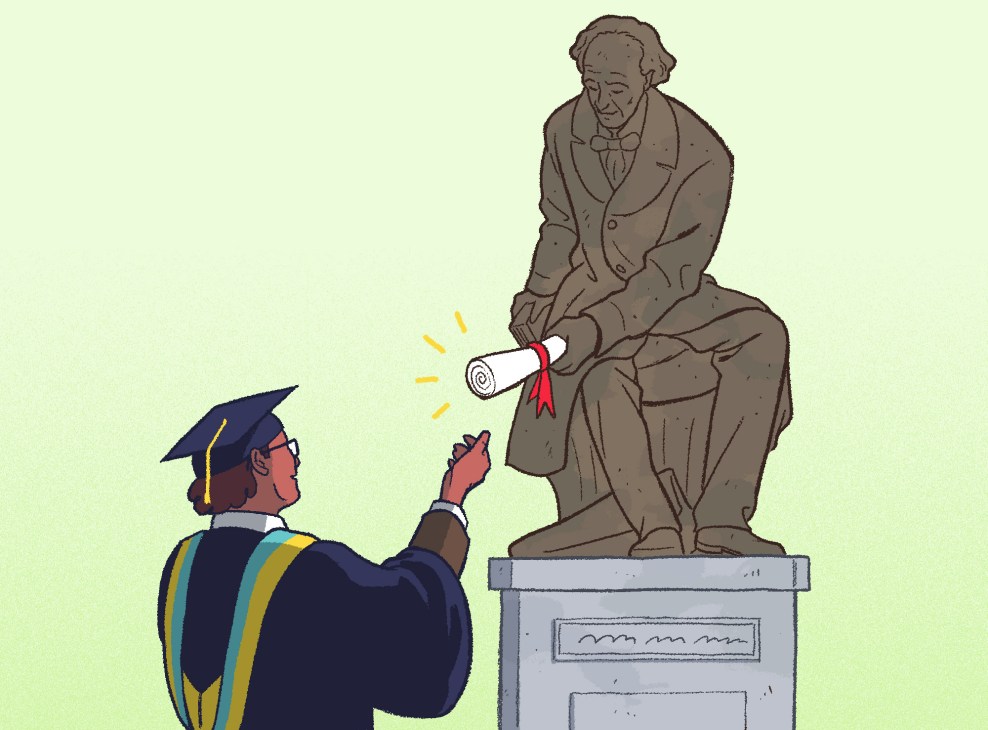 Illustration of a graduate receiving a diploma from a bronze statue of a historical figure.