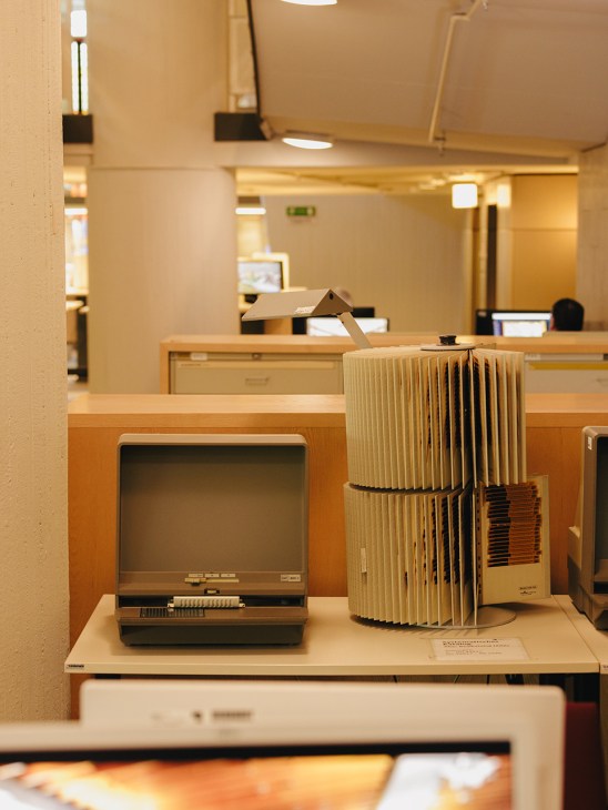 Vintage computer monitor and filing cabinets in the Berlin State Library reading room
