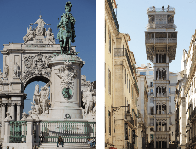 Praça do Comércio gate (pictured, left) and the neo-gothic Elevador de Santa Justa (pictured, right)