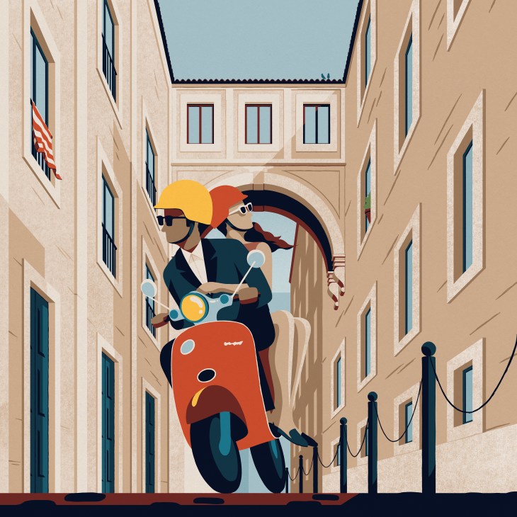 Illustration of two stylishly dressed figures on a red Vespa scooter riding through a narrow Roman street lined with classical buildings.