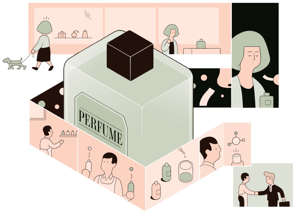 Illustration of a large perfume bottle surrounded by people using fragrances in various daily activities and settings.