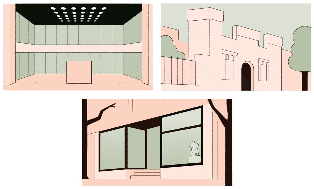 Illustrations of three independent fragrance retail shops: Rawness in Brescia, Villa 515 in Dubai, and 30ml in Montréal.