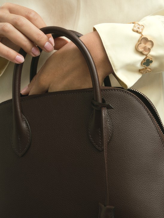 Hand holding brown leather Horizon suitcase by Louis Vuitton with gold chain bracelet visible on wrist.