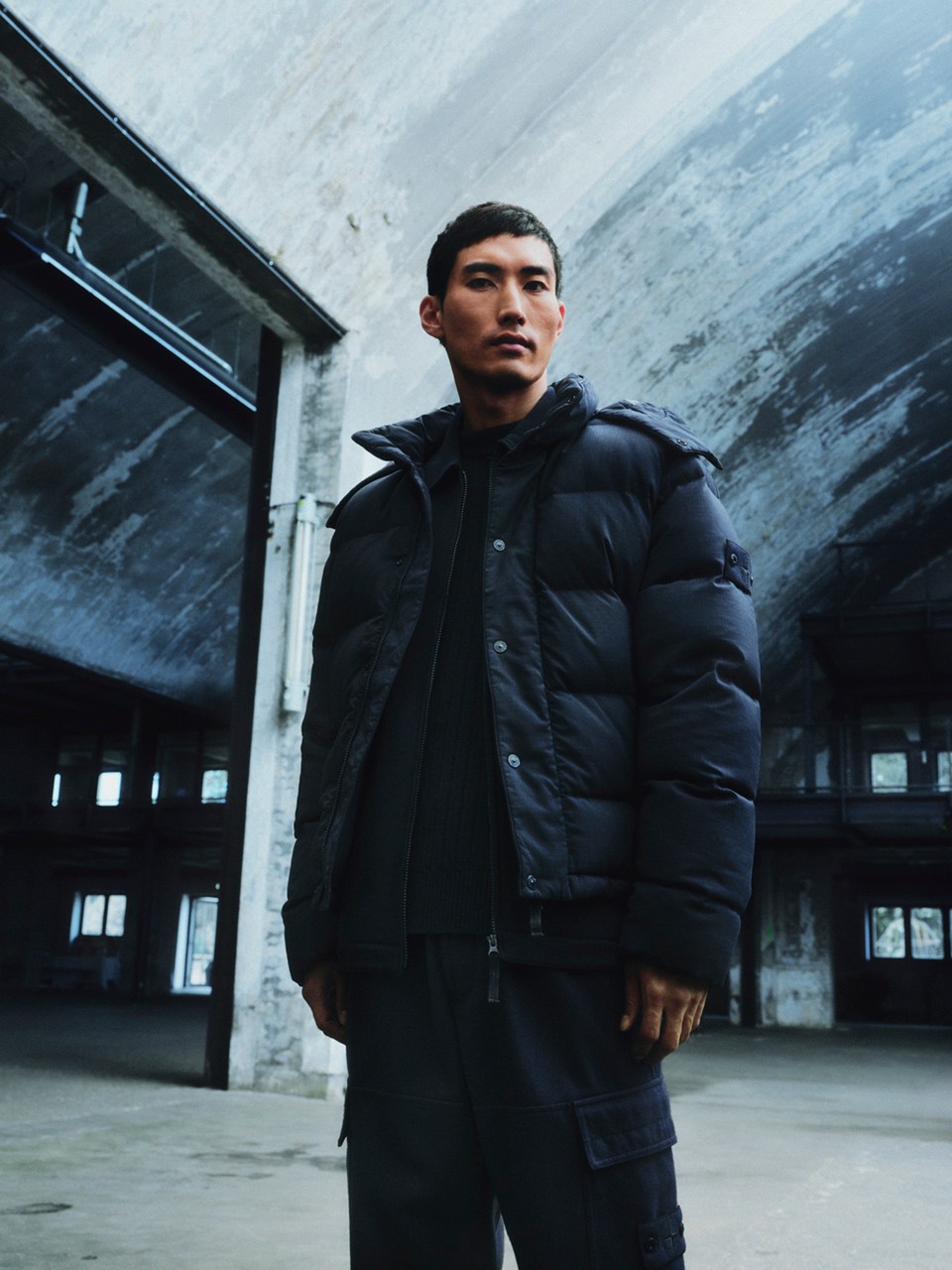 Stone Island model wearing padded Wool ripstop TC coat