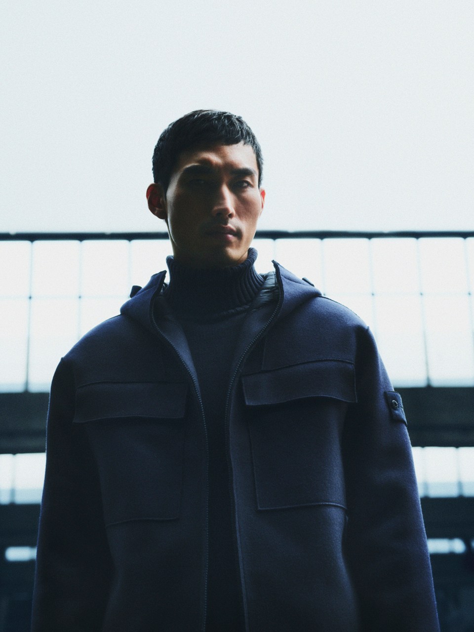 Stone Island model wearing Panno lana nylon jacket