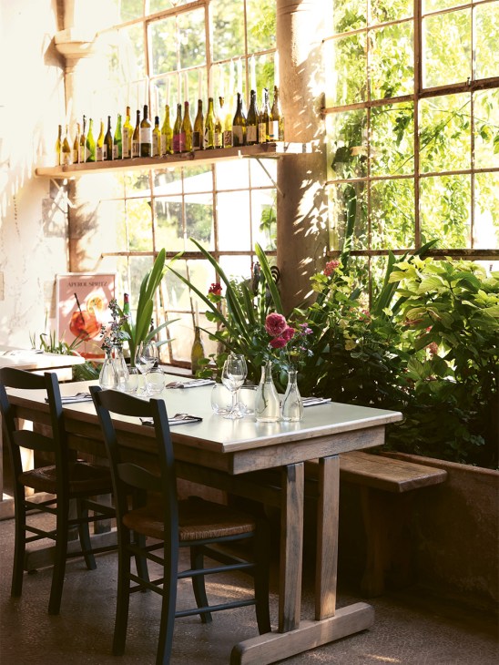 Sunlit dining room with wine bottles on shelf, wooden table, black chairs, and potted flowers by large windows.