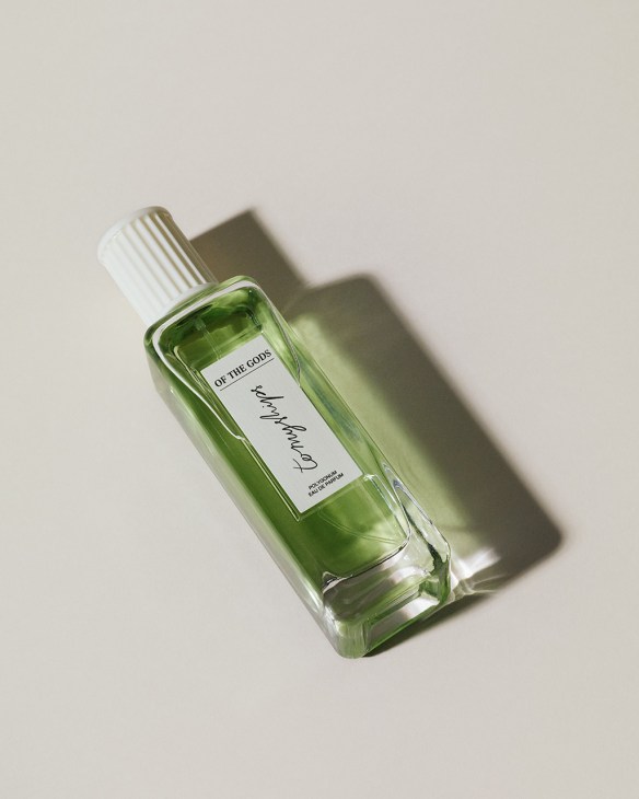 To My Ships Of the Gods fragrance bottle with green liquid and white cap.