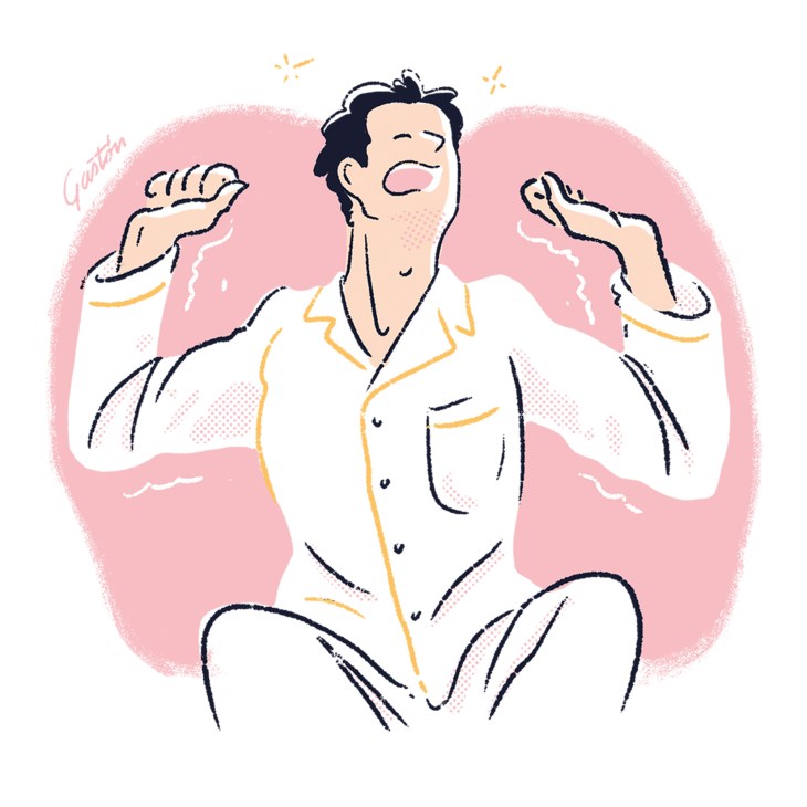 Illustrated man in white shirt with arms raised, smiling confidently against pink background with yellow accent details.