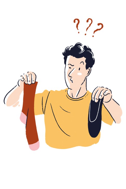 Illustration of a confused person in a yellow shirt holding a red and black sock, with question marks above their head.