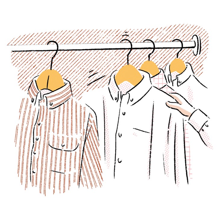Illustration of four white button-up shirts on hangers with yellow circular heads representing clothing options.