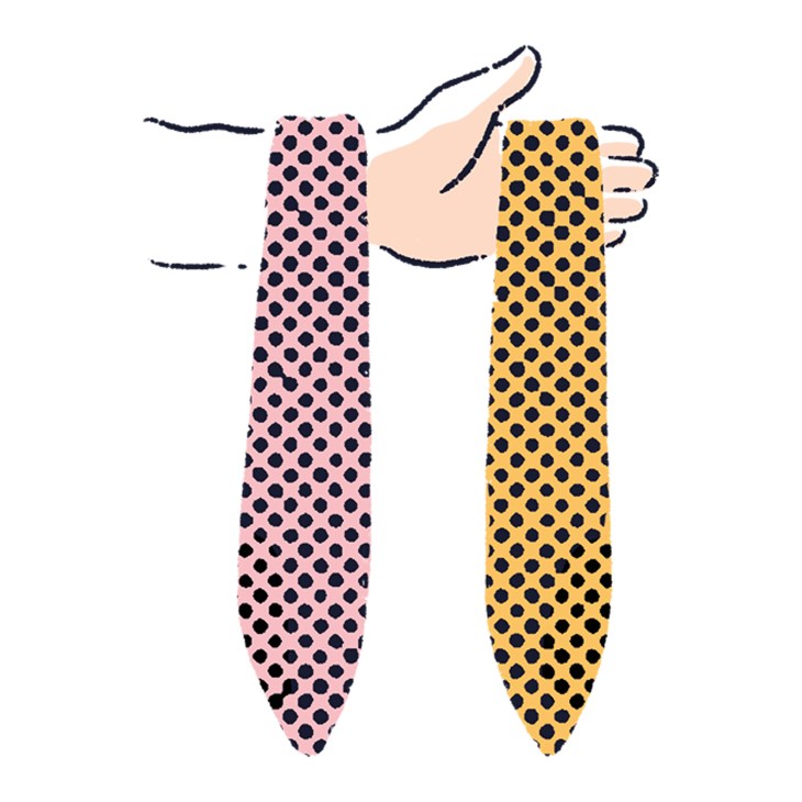 Illustration of two polka-dot neckties in pink and yellow with dark navy blue dots