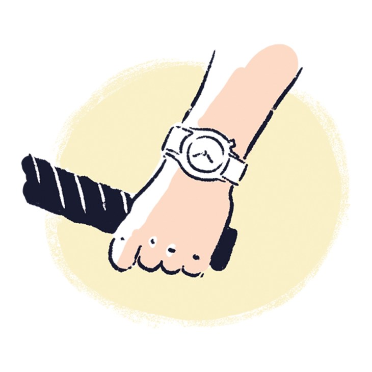 Illustration of a wrist wearing the Aurelia Aurita by Swatch sports watch with striped sleeve.
