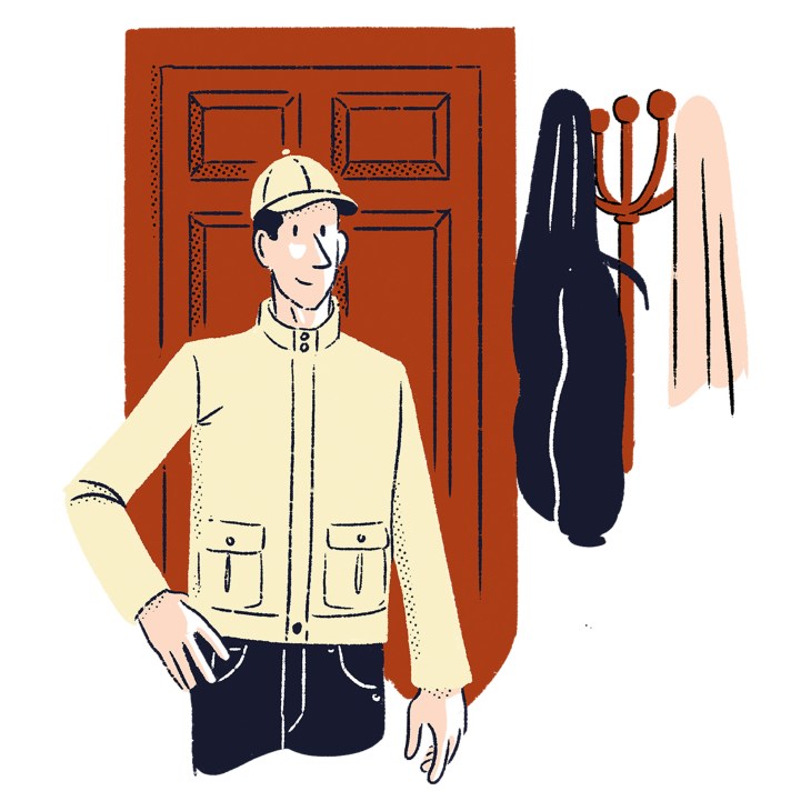 Illustration of a man wearing a cream blouson jacket and dark shorts standing in front of a red door.