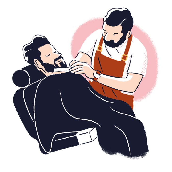 Illustration of a barber grooming a bearded man's hair in a salon chair