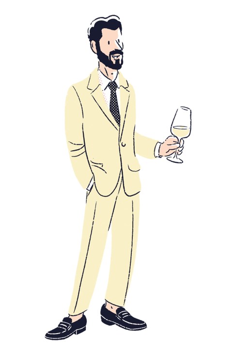 Illustration of man in pale yellow suit holding wine glass, styled for evening occasions.
