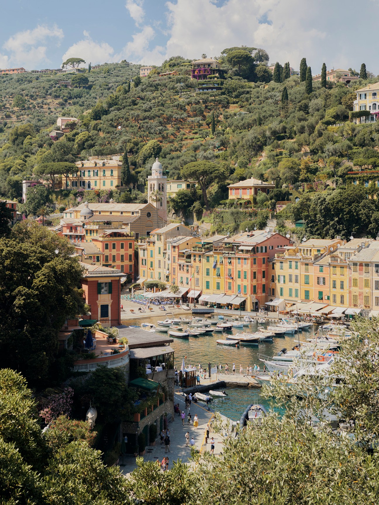 Colorful Mediterranean buildings cascade down hillside to small harbor filled with boats in Italian coastal town
