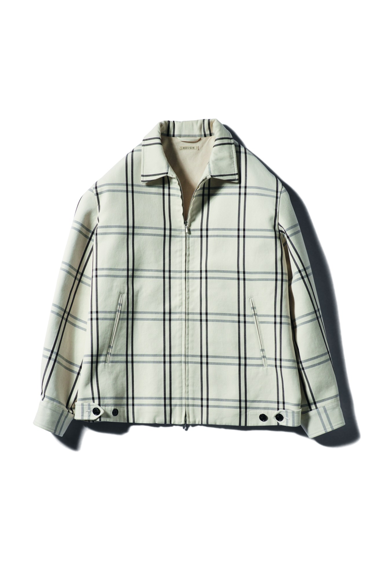 Light green checkered zip-up jacket with collar and front pockets by Heugn