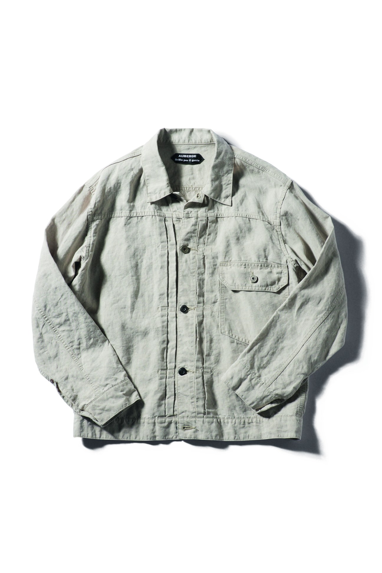 Light sage green utility jacket by Auberge with button front closure and chest pocket