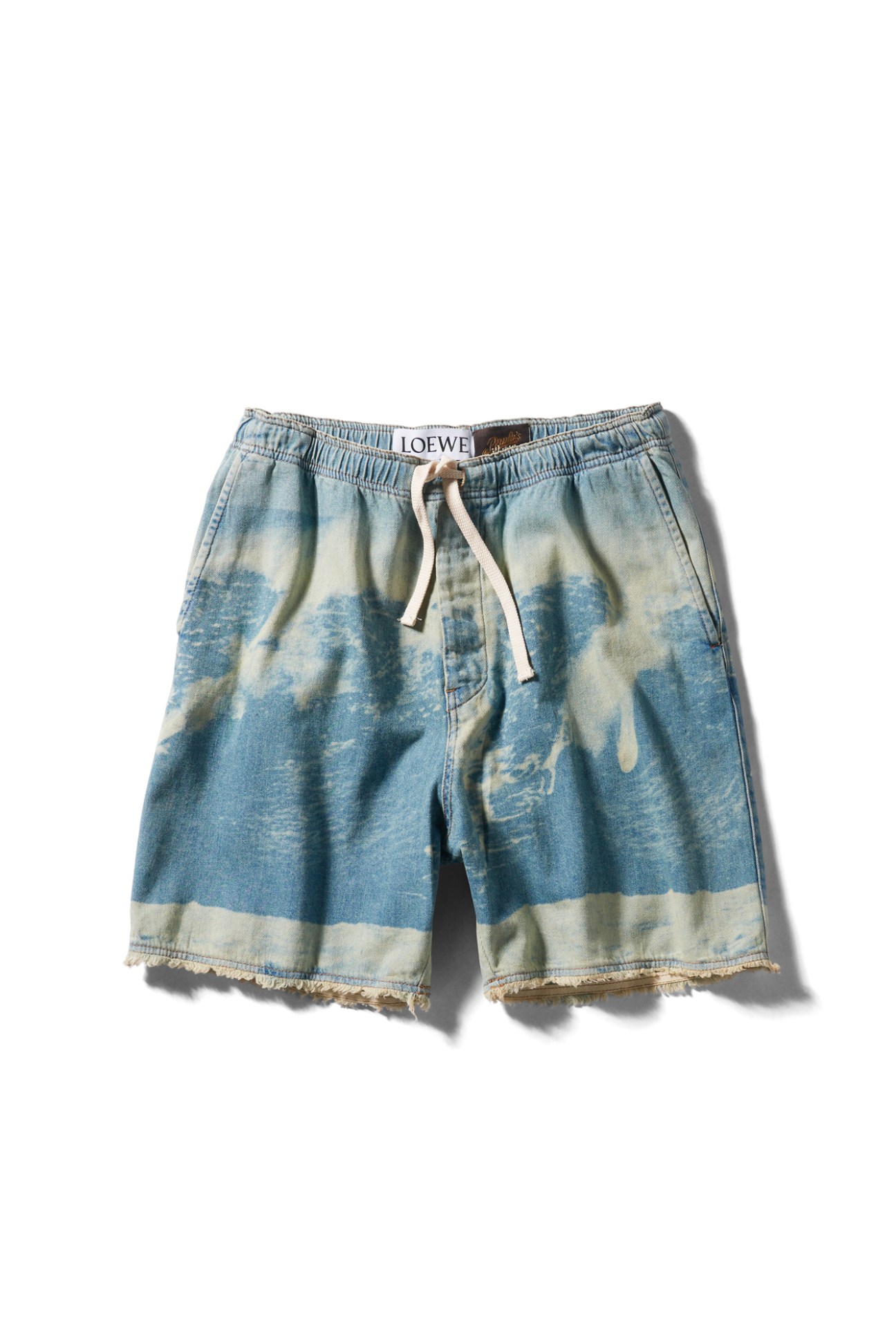 Light blue denim shorts with bleached tie-dye pattern, elastic waistband and drawstring by Loewe
