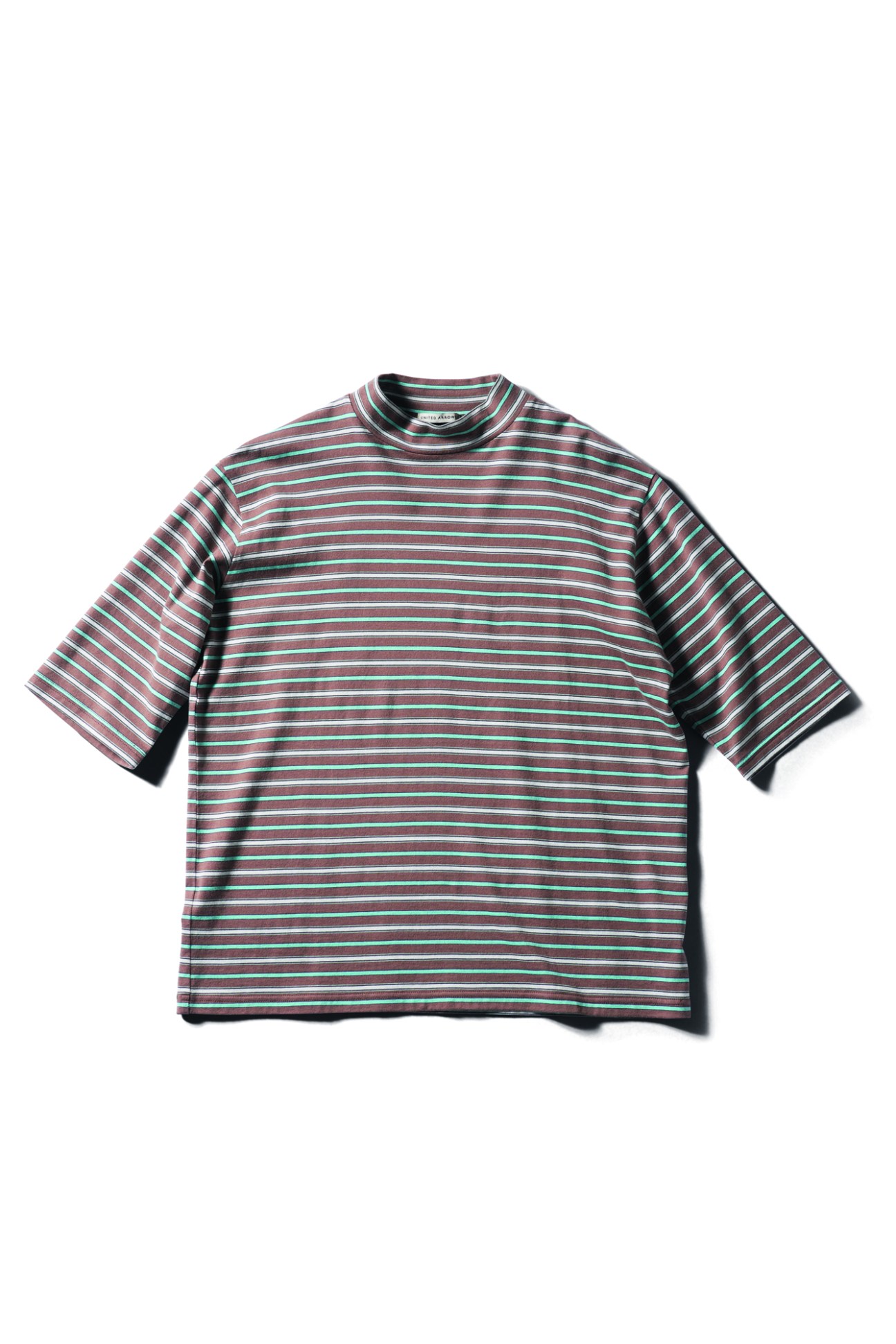 A striped short-sleeve t-shirt in burgundy, mint green, and white horizontal stripes with mock neck collar