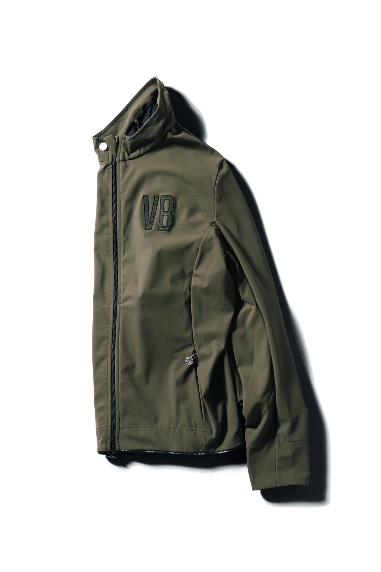 Olive green hooded jacket with VB logo and full zip front by Velobici