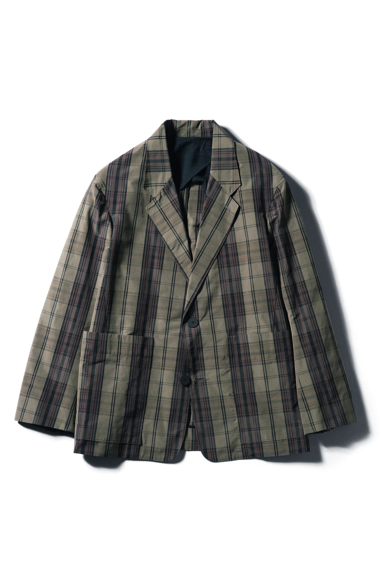 Jacket by Studio Nicholson - olive green plaid blazer with notched lapels and two buttons