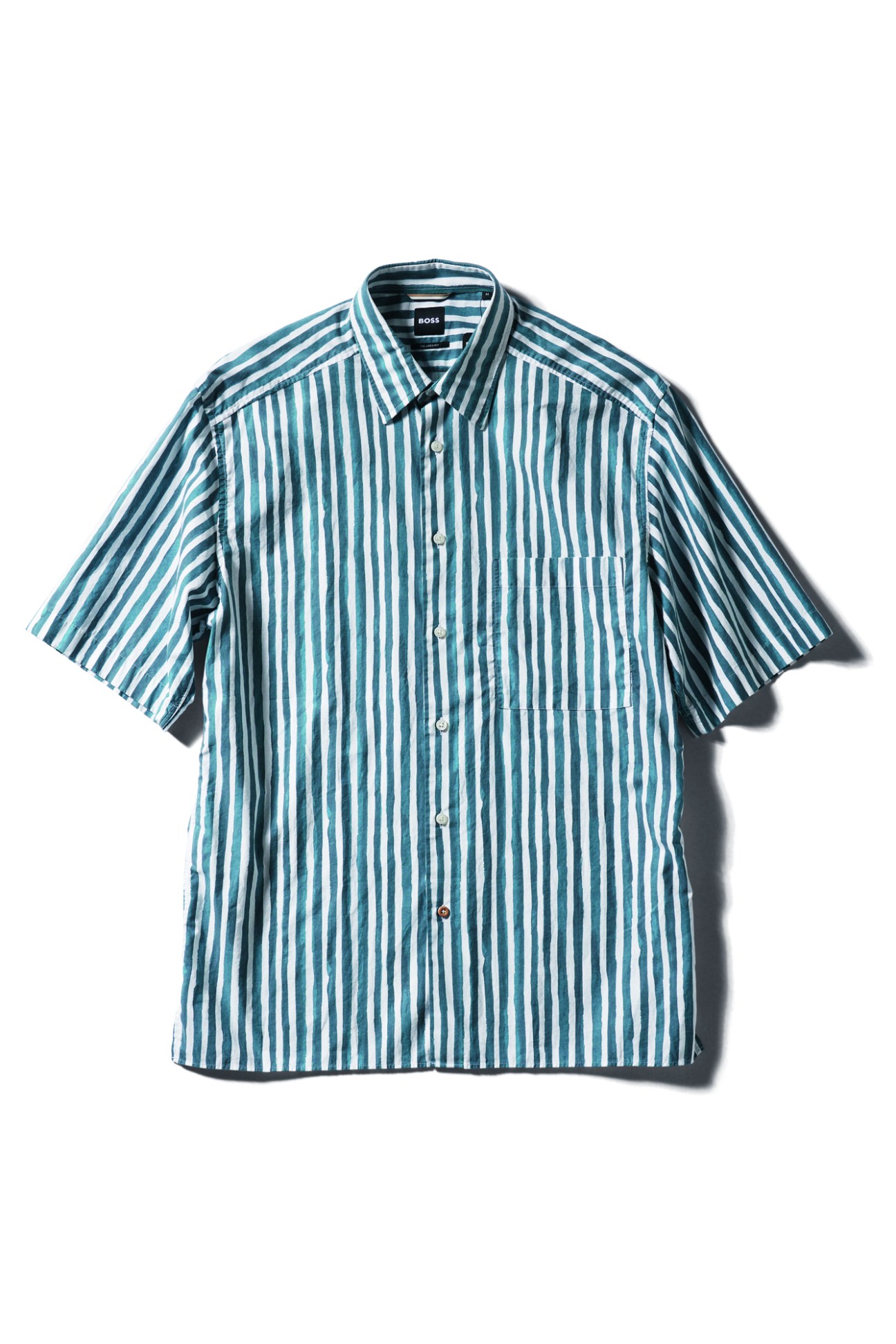 Short-sleeved striped shirt in teal and white vertical stripes with collar and button front by Boss