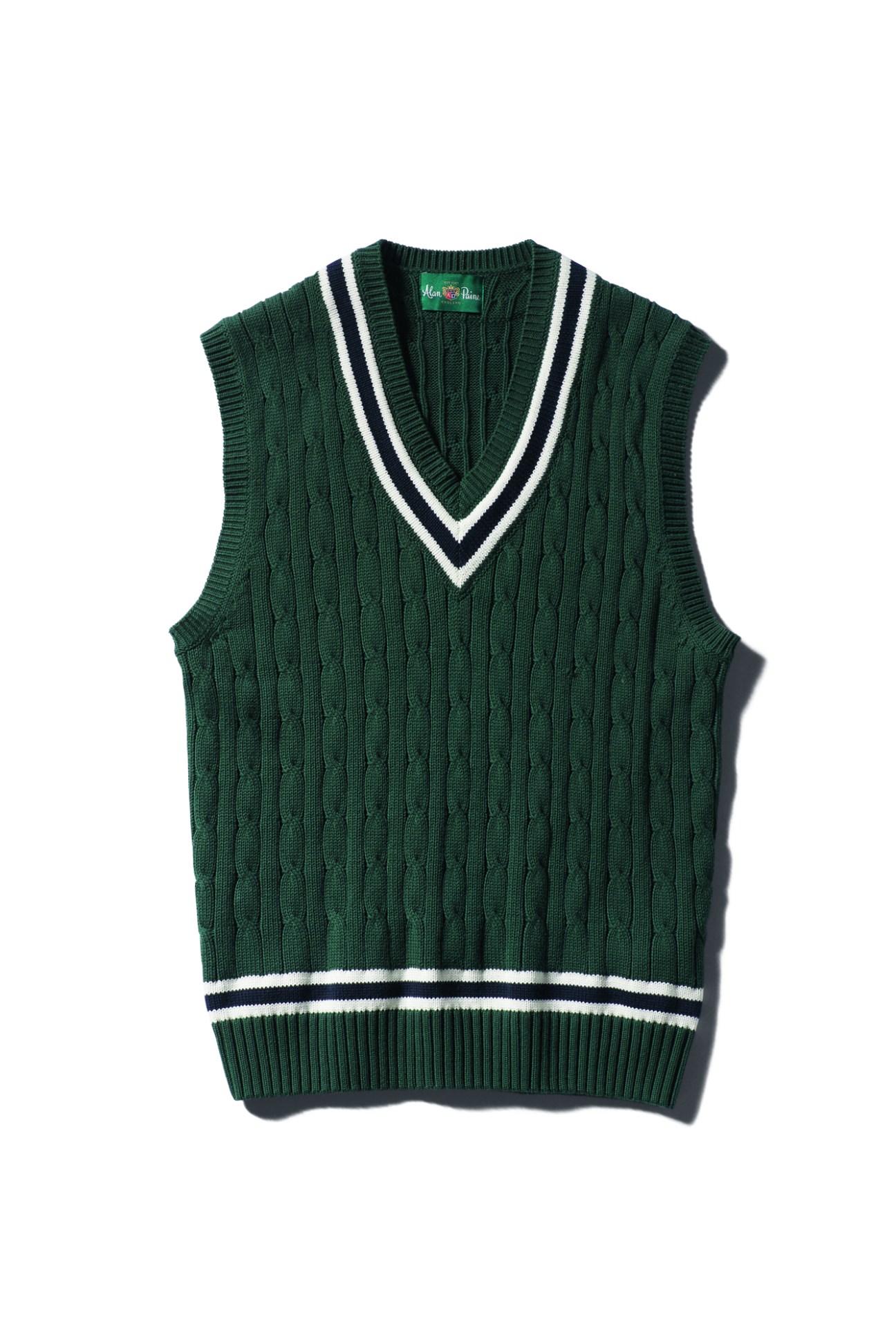 Green cable-knit cricket vest with white and navy striped trim around V-neck and hem by Alan Paine
