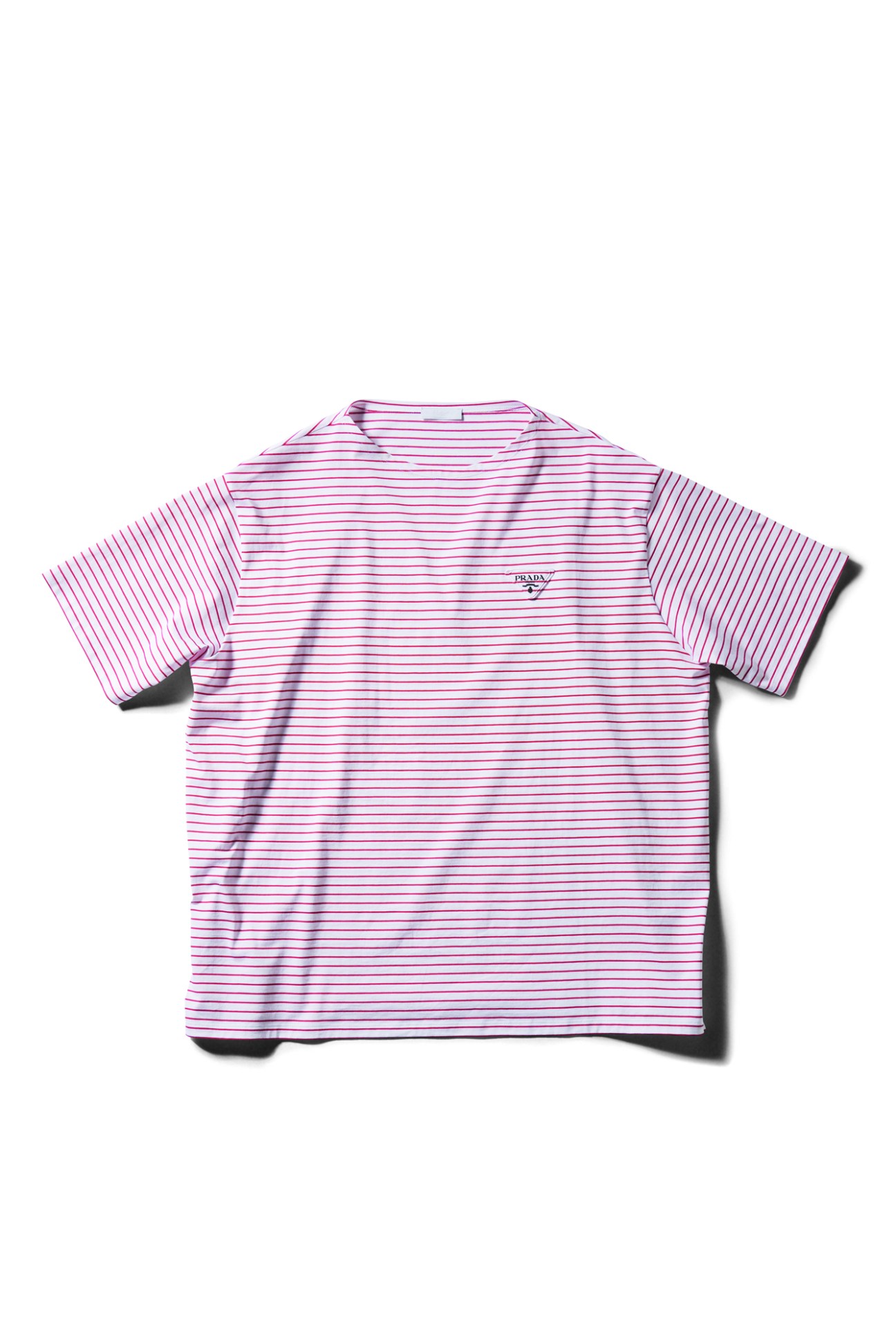 White and pink striped short-sleeve polo shirt with collar and Prada logo on chest