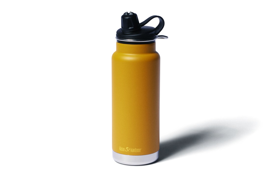 Yellow insulated water bottle with black cap and handle by Klean Kanteen