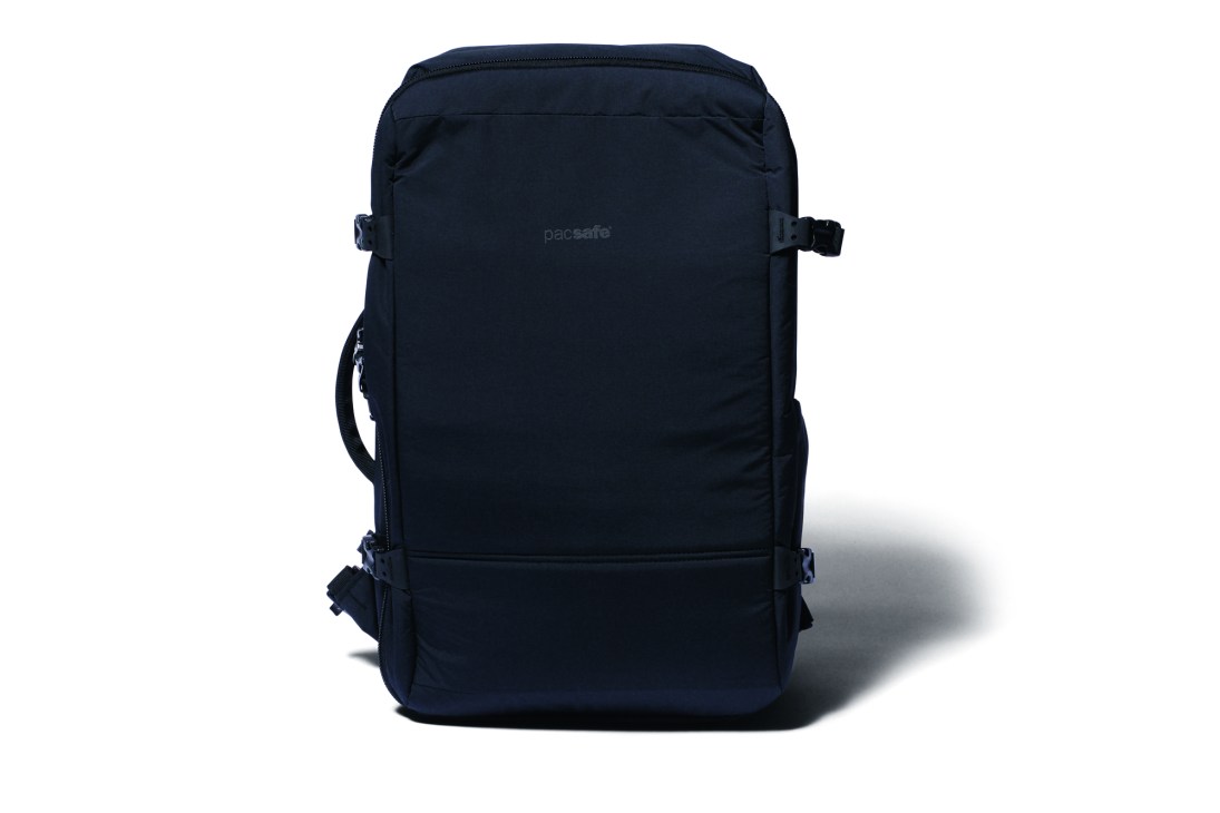 Navy blue backpack by Pacsafe from A&F with multiple compartments and adjustable straps