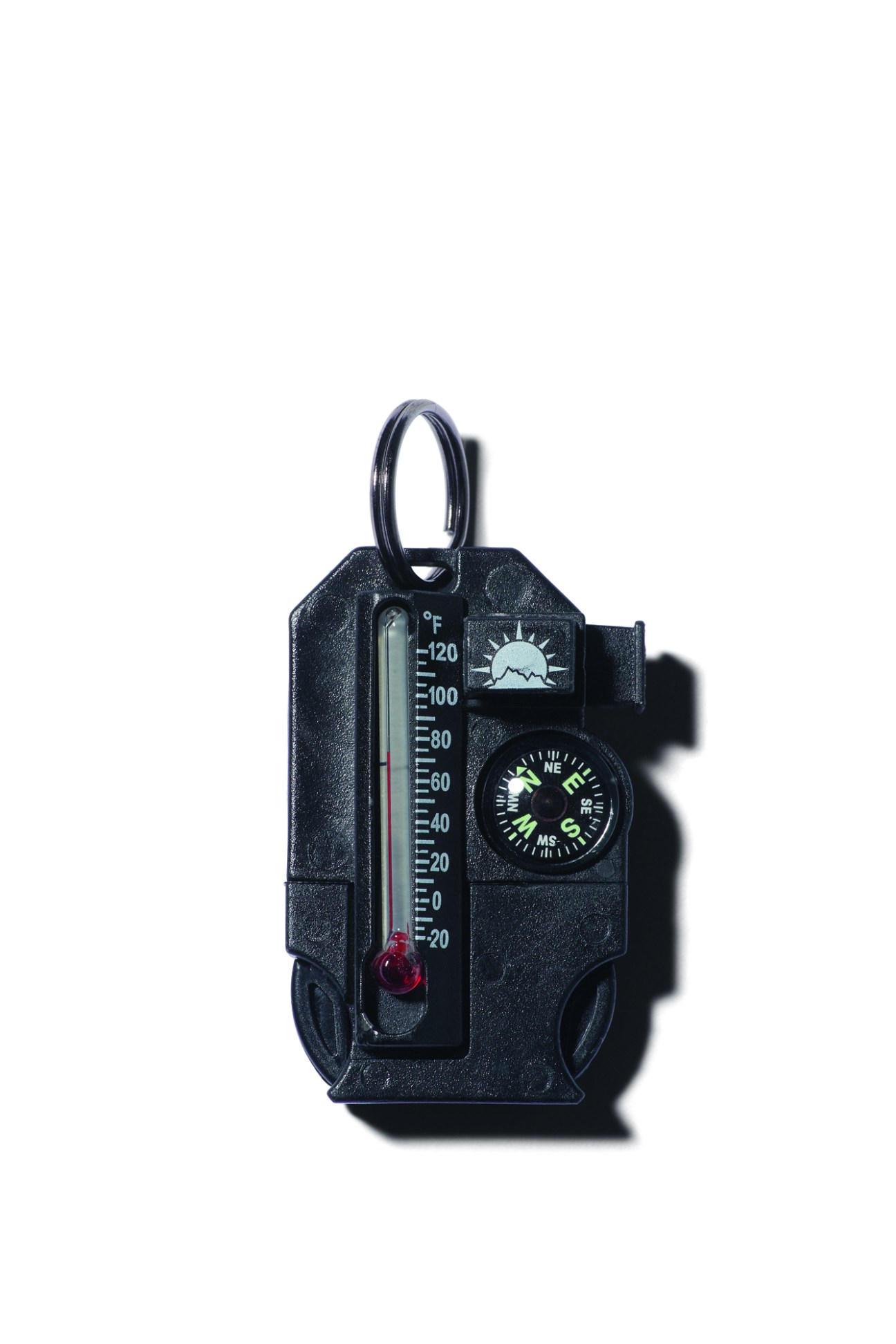 Black multi-tool compass with keyring featuring thermometer, compass dial, and Sun Company branding