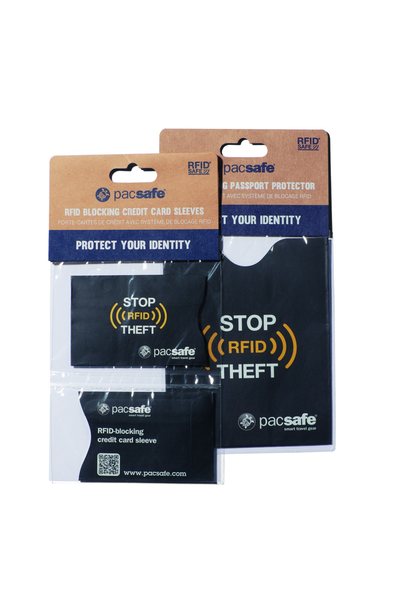 Card sleeve and passport sleeve by Pacsafe from A&F showing RFID blocking security products