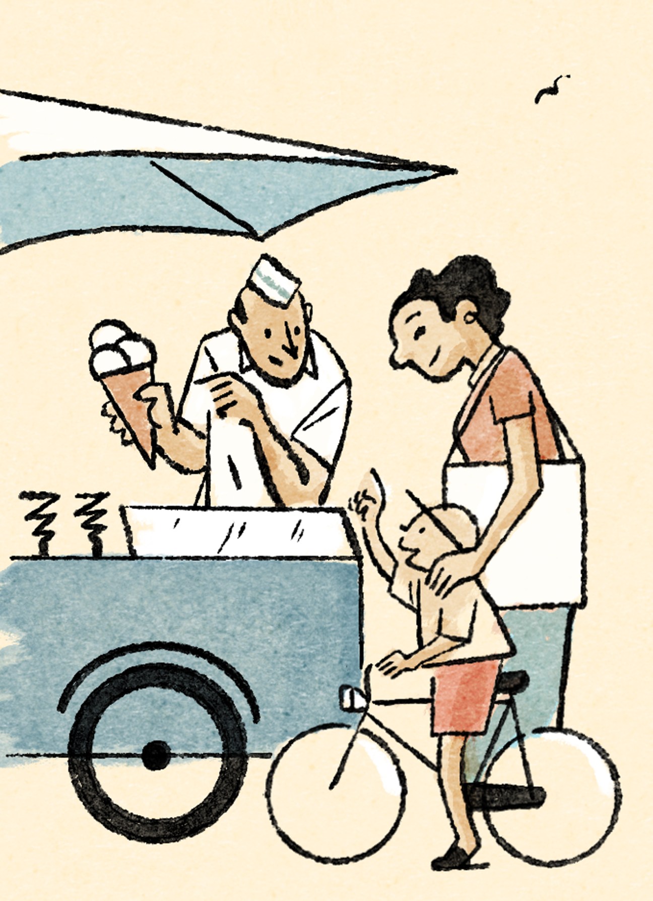 Paul & Ernst electric food bicycle with vendor serving ice cream to customer under umbrella