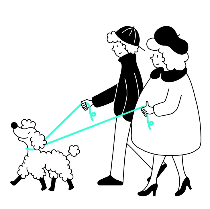 Illustration of two people holding leashes connected to a fluffy poodle, representing shared community resources.