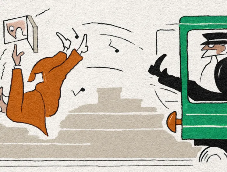 Illustration of passengers being ejected from a green train by a conductor