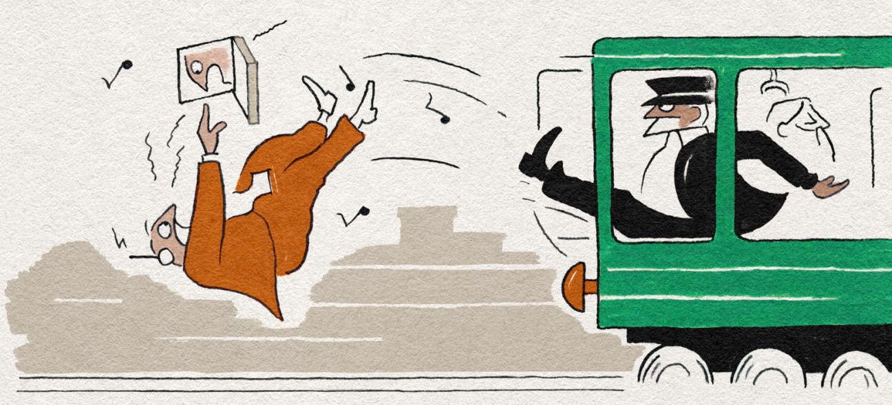 Illustration of passengers being ejected from a green train by a conductor