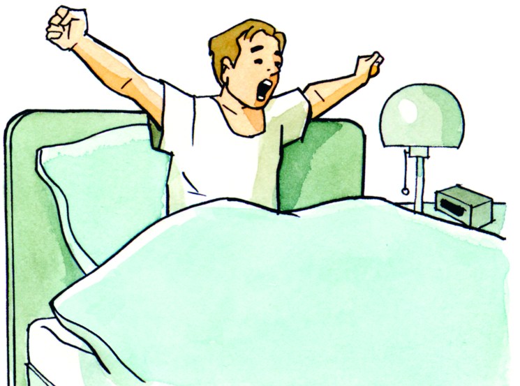 illustrated man waking up in a bed