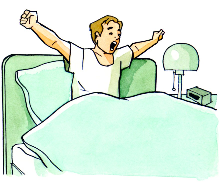 Person stretching arms while waking up in bed with white bedding