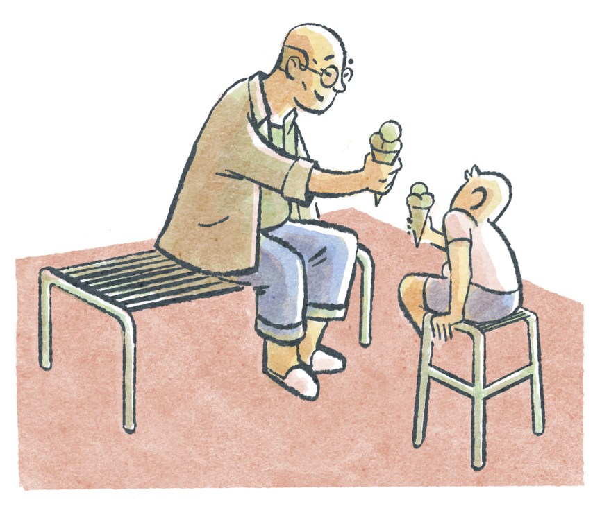 Illustration of an older man sitting on a bench sharing ice cream with two children