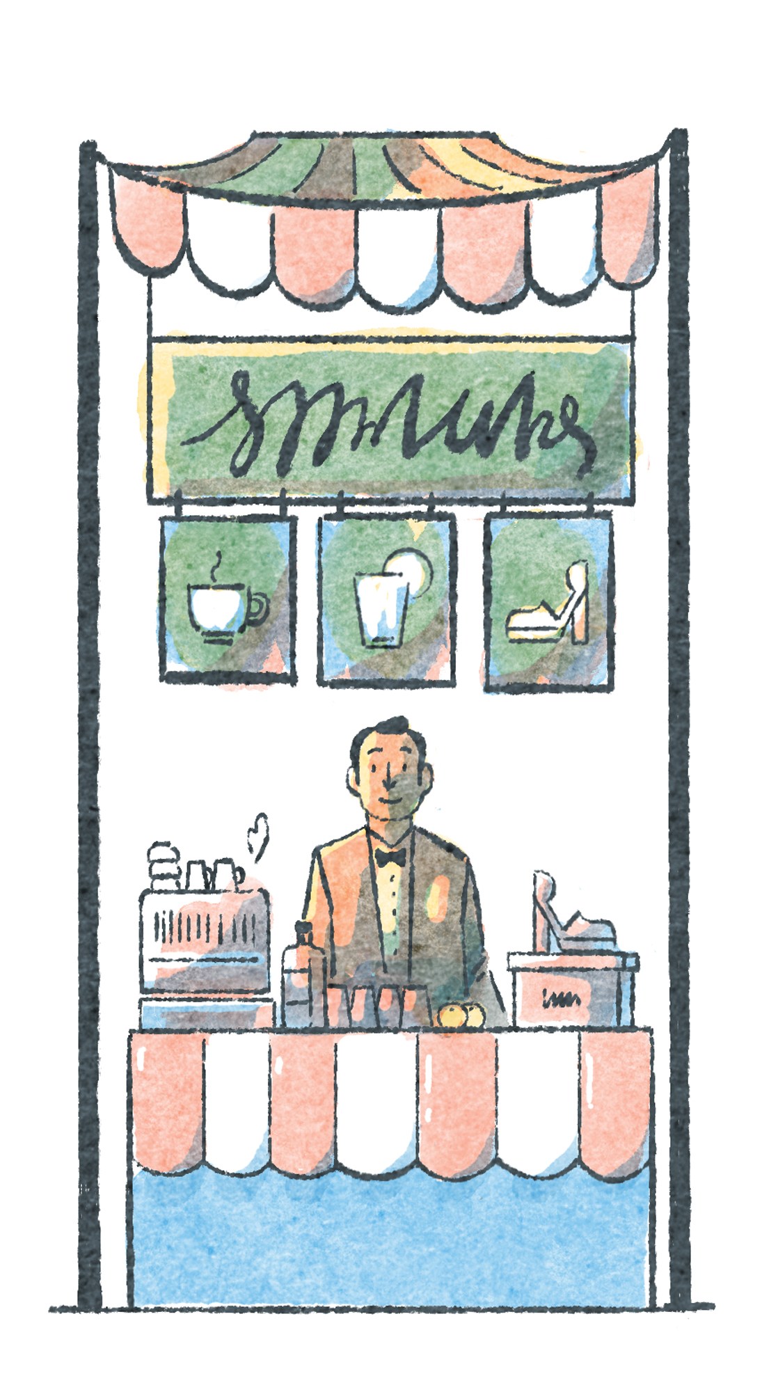Illustration of a small shopfront with an awning, storefront sign, window displays, and a shopkeeper at a counter serving customers at an outdoor seating area.