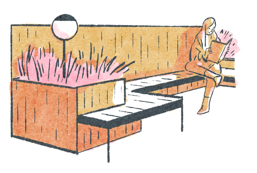 Illustration of a parklet with pink flowers, bench seating, and a person reading in an urban space