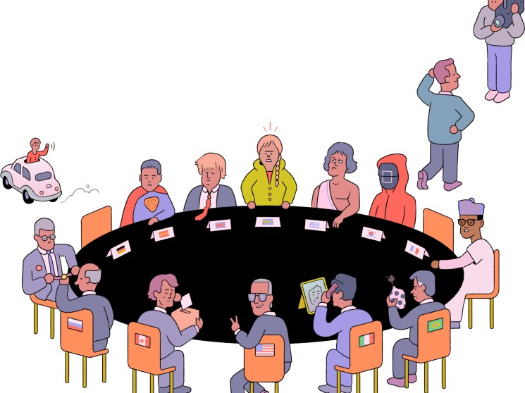Illustrated diplomatic meeting with diverse representatives around a black conference table with country flags