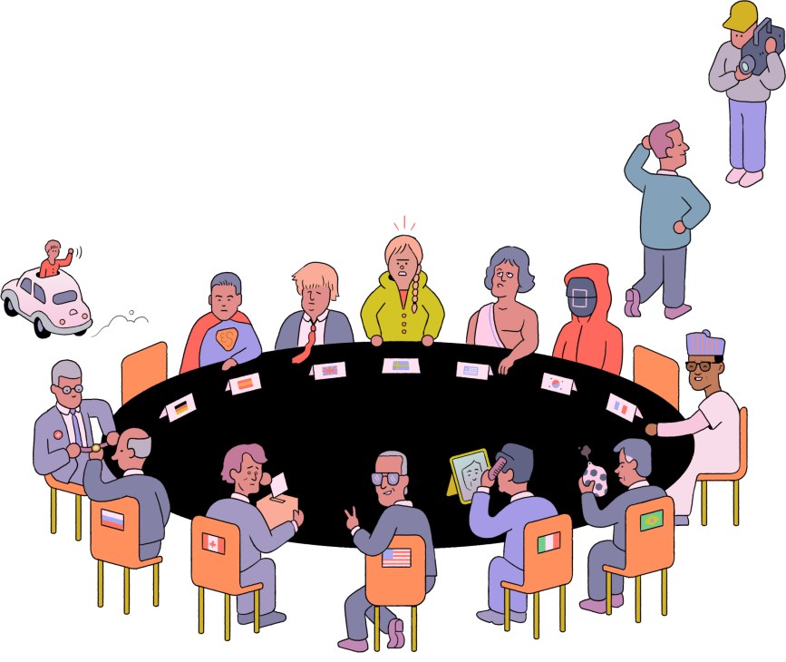 Illustrated diplomatic meeting with diverse representatives around a black conference table with country flags