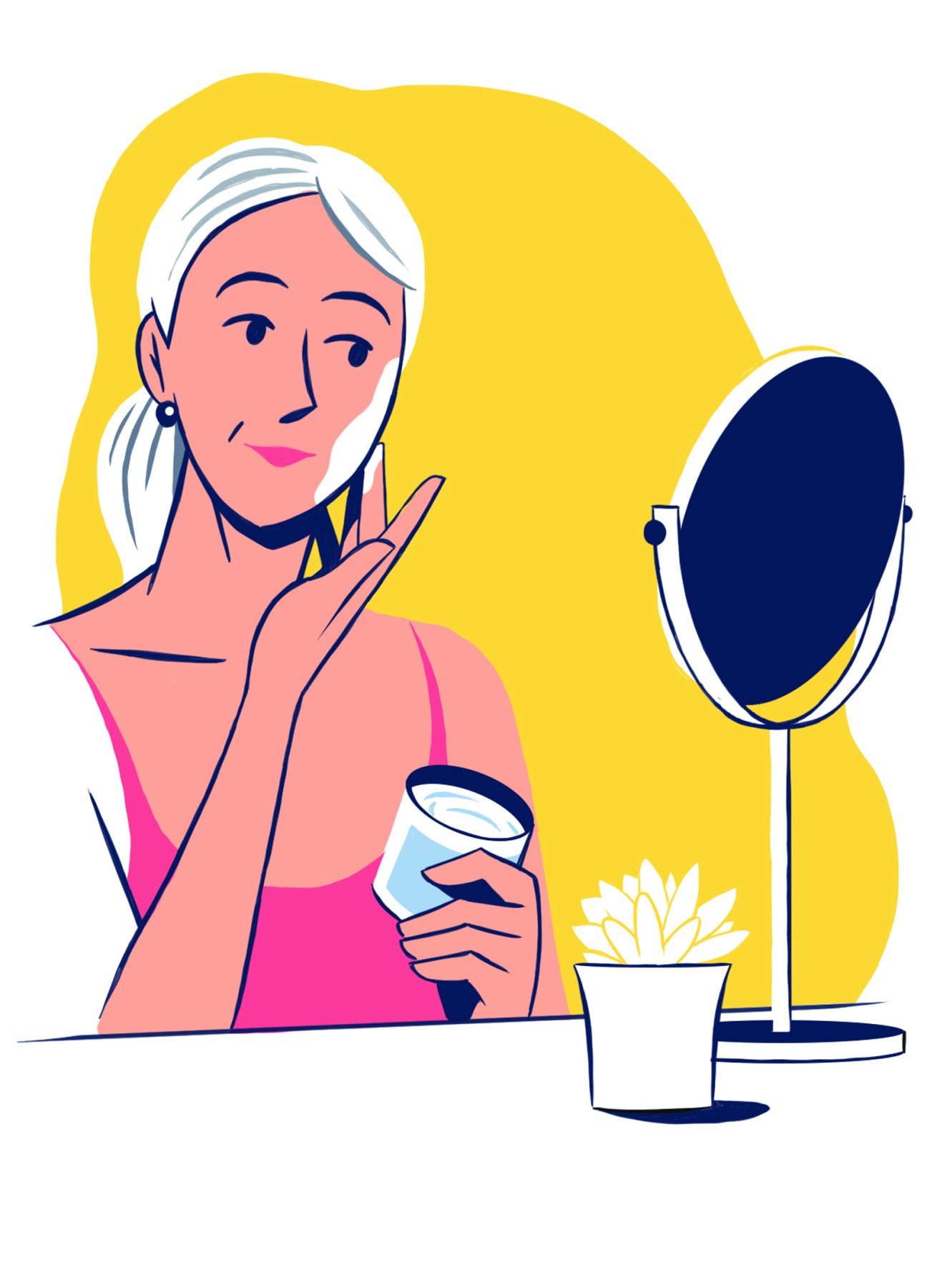 Woman applying skincare cream while looking in mirror with small potted plant on vanity table