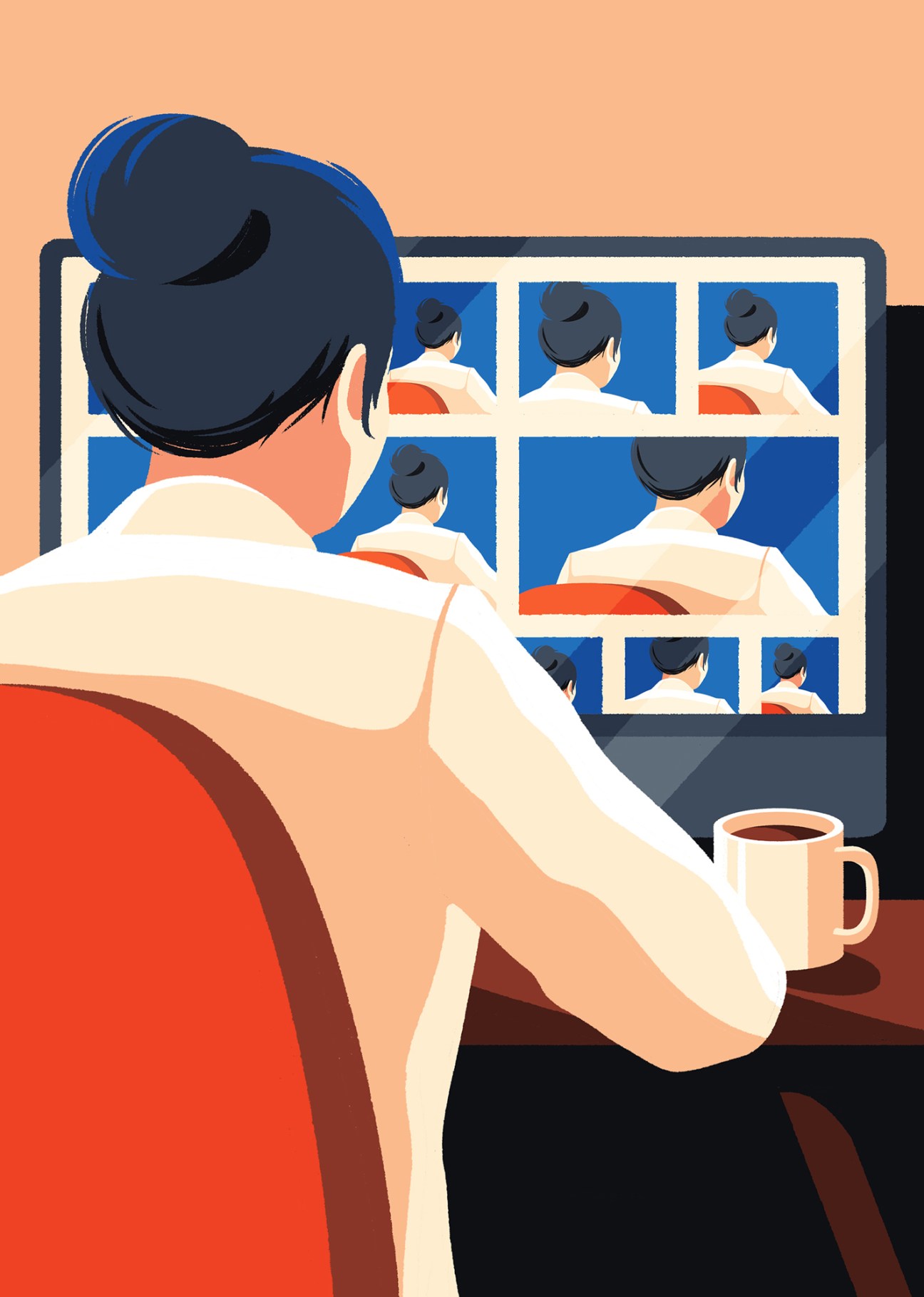 Person with dark hair sitting at desk viewing video call grid on laptop screen with coffee mug nearby