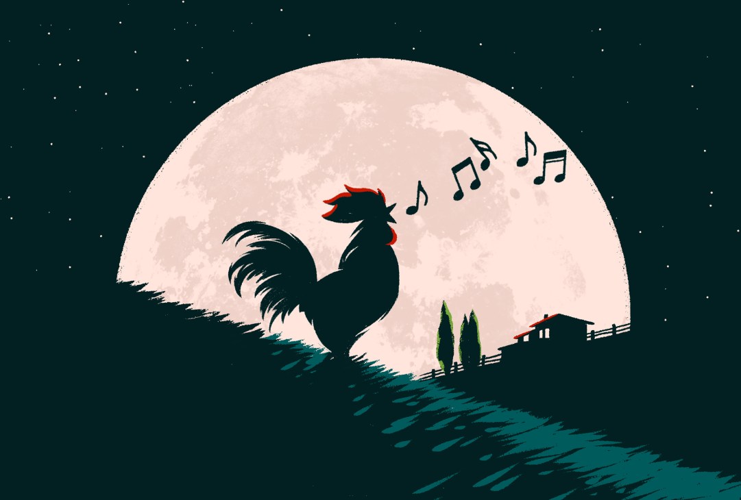 Silhouette of rooster crowing against large moon with musical notes floating in starry night sky